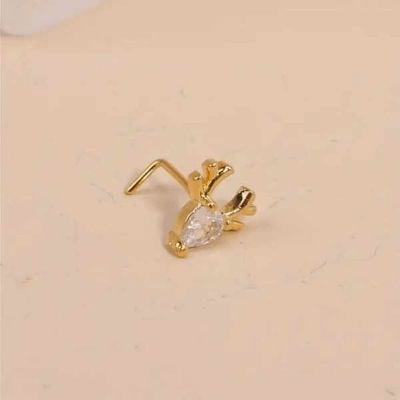 Diamond Gold Elk Reindeer L Shaped Nose Ring - Picture 2 of 6